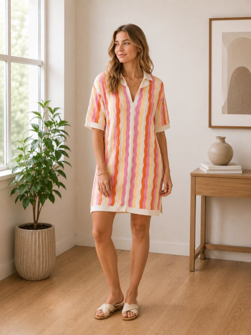 YLLW Felix Knit Dress Sorbet Wave Pattern Relaxed Fit Sz S/M